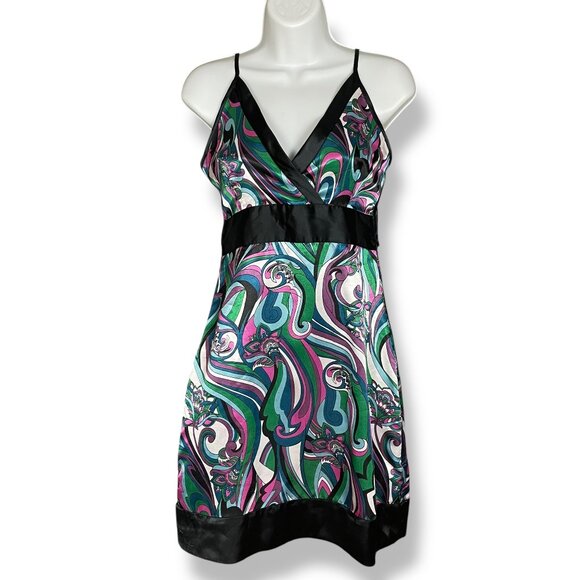 Vintage Y2K Dress Retro Print Flower Power V-Neck Mini A-Line Sleeveless Black - Picture 1 of 13